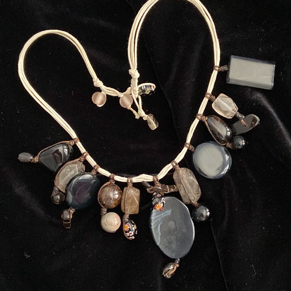 Polished Stone and Millefiori Flower Glass bead necklace rustic